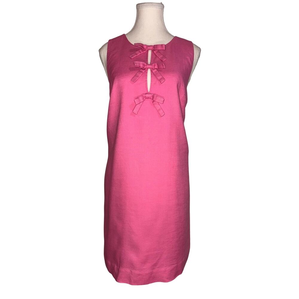 J.Crew Re-Imagined Pink Linen Blend Bow Front Shift Dress Woman’s Size Large - Picture 2 of 16
